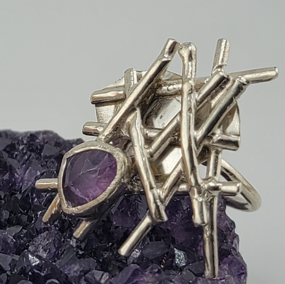 AMETHYST ABSTRACT RING HANDMADE IN STERLING SILVER METAL SIZE 8 - Picture 2 of 7